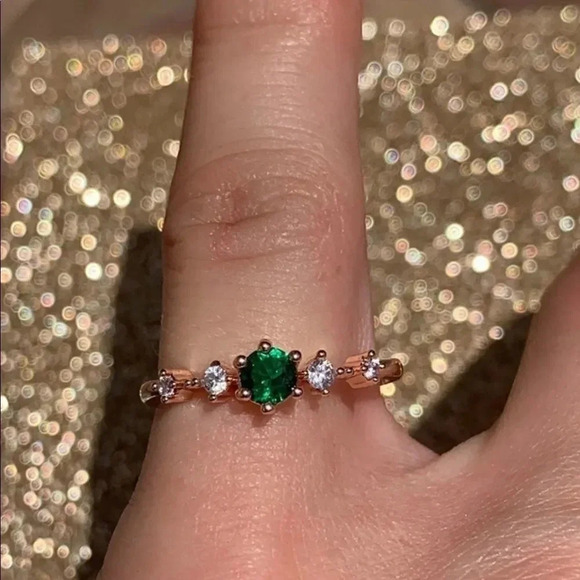 NEW! 18K Rose Gold Plated Emerald & Diamond Cluster Engagement Ring - Picture 1 of 6